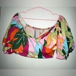 Colorful Women's Tropical Floral Puff Sleeve Crop Top no label (swblouse0721052)
